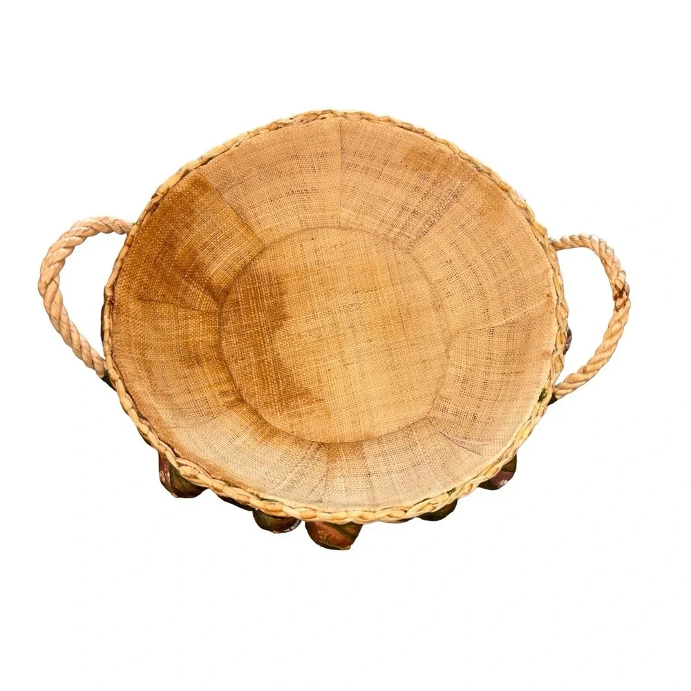 Vintage Woven Raffia Straw Round Casserole Basket With Fruit Accents Handles
